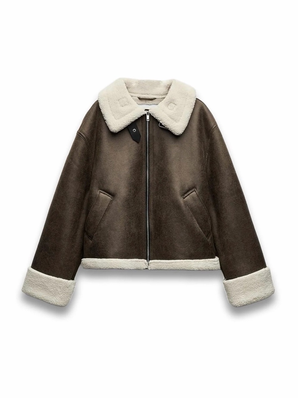 Zara Brown Bomber Jacket with Cream Shearling Collar